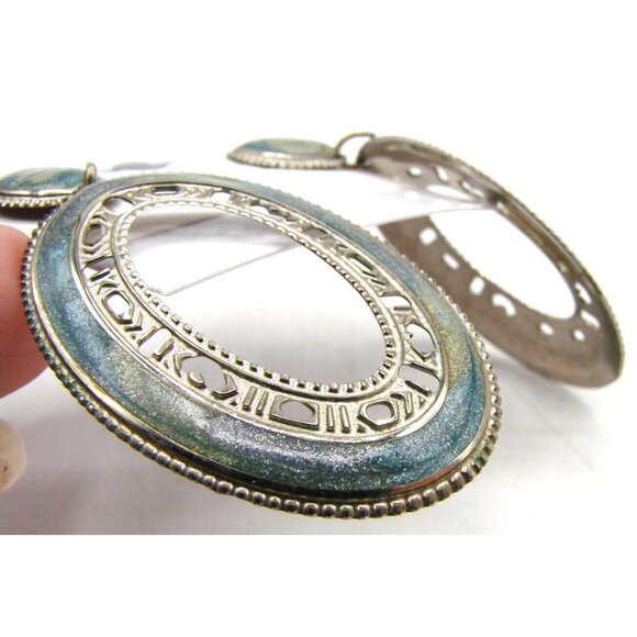 Silver Tone Western Concho Style Earrings Oval Blue Green Enamel Swirl Fashion - Picture 5 of 9